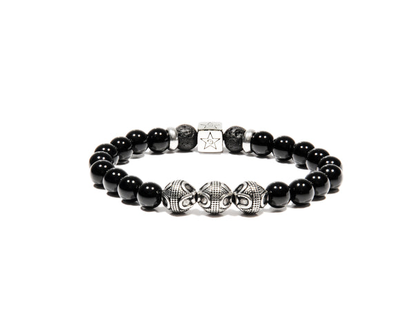 Lava bracelet, Obsidian and three silver Bali Beads