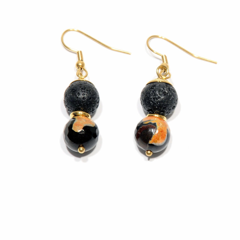 Earrings Lava and Lavic Agate "Fire black yellow" - Magma Canario - Volcanic Jewelry Shop