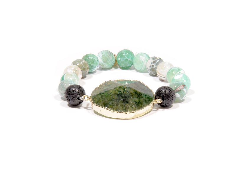 Bracelet with Lava, Green Agate and Agate crystal - Magma Canario - Volcanic Jewelry Shop
