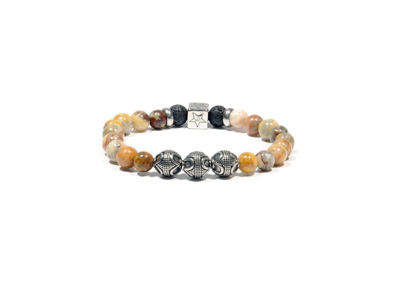 Lava bracelet, Chrysanthemum Flower Quartz and three silver Bali Beads - Magma Canario - Volcanic Jewelry Shop