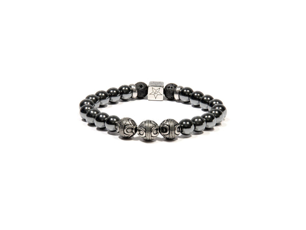 Lava bracelet, Hematite and three silver Bali Beads - Magma Canario - Volcanic Jewelry Shop