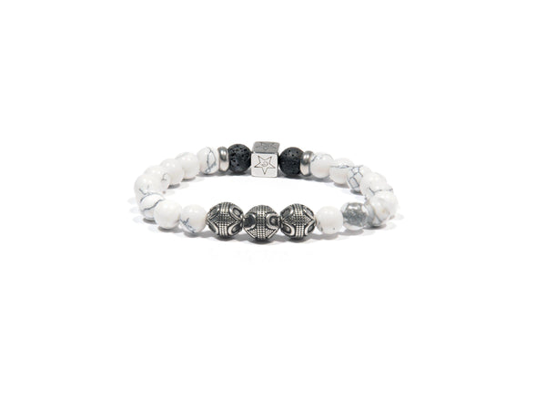 Lava bracelet, Howlita and three silver Bali Beads - Magma Canario - Volcanic Jewelry Shop