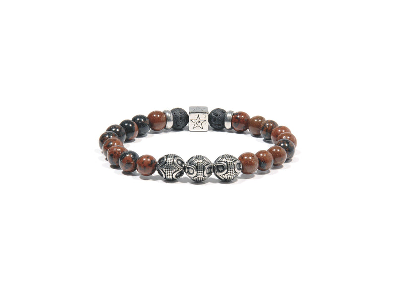 Lava bracelet, Obsidian "Mahogany" and three silver Bali Beads - Magma Canario - Volcanic Jewelry Shop