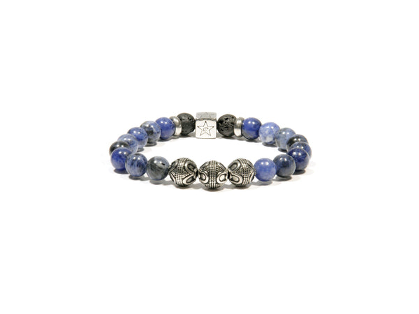 Lava bracelet, Sodalite and three silver Bali Beads - Magma Canario - Volcanic Jewelry Shop