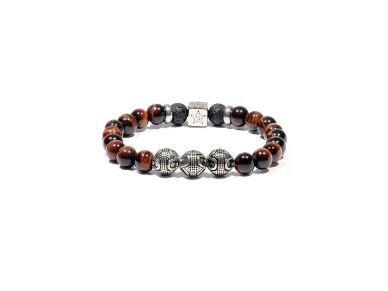 Lava bracelet, Tiger Eye and three silver Bali Beads - Magma Canario - Volcanic Jewelry Shop
