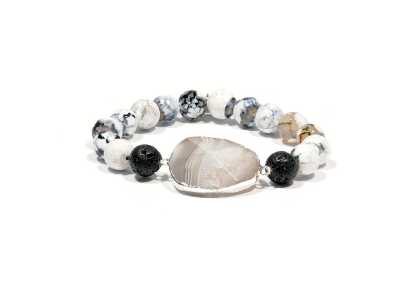 Lava bracelet, "White Fire" Agate and "Persia" Agate crystal - Magma Canario - Volcanic Jewelry Shop