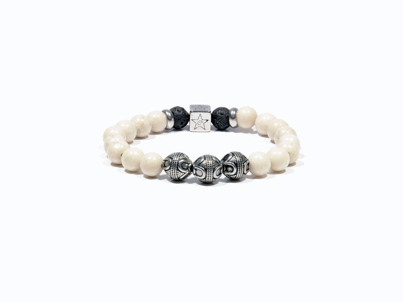 Lava bracelet, fossil Agate and three silver Bali Beads - Magma Canario - Volcanic Jewelry Shop
