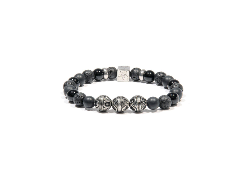 Lava bracelet, matte Obsidian and three silver Bali Beads - Magma Canario - Volcanic Jewelry Shop