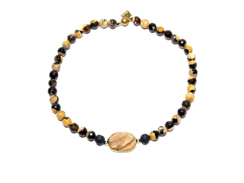 Lava necklace, Agate "Yellow black fire" and desert Jasper - Magma Canario - Volcanic Jewelry Shop