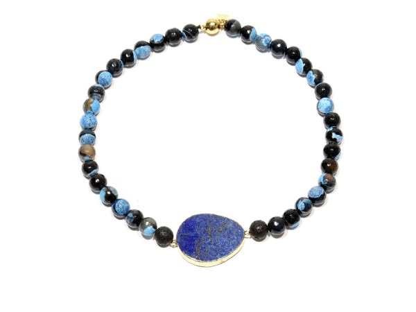 Lava necklace, Volcanic Agate "Blue Fire" and Lapis Lazuli - Magma Canario - Volcanic Jewelry Shop