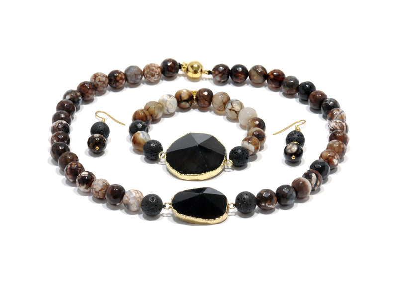 Lava set, "Leopard" Agate and black volcanic Agate crystal - Magma Canario - Volcanic Jewelry Shop