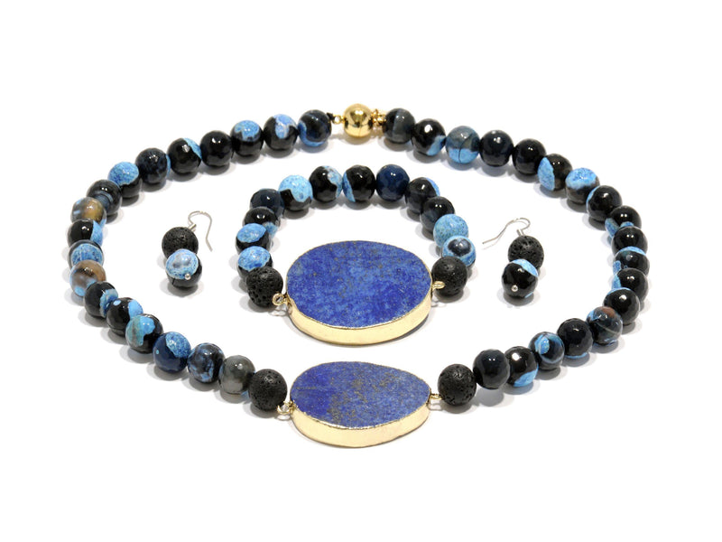 Lava set with "Blue fire" Agate and Lapis Lazuli - Magma Canario - Volcanic Jewelry Shop