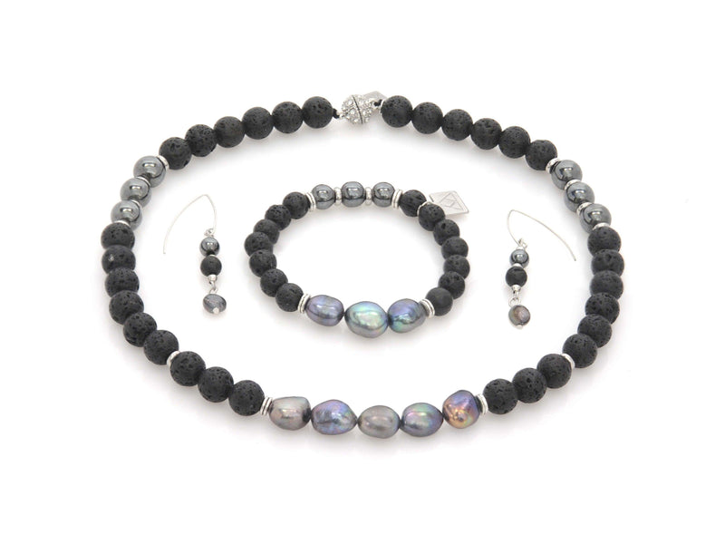 Lava set with Hematite and river pearls - Magma Canario - Volcanic Jewelry Shop