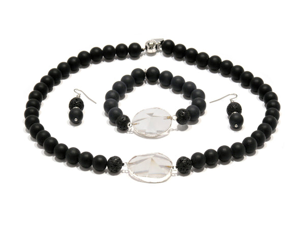 Lava set with Matte Lavic Agate and Quartz crystal - Magma Canario - Volcanic Jewelry Shop