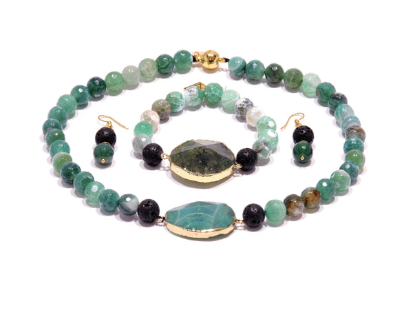 Lava set with green Agate - Magma Canario - Volcanic Jewelry Shop