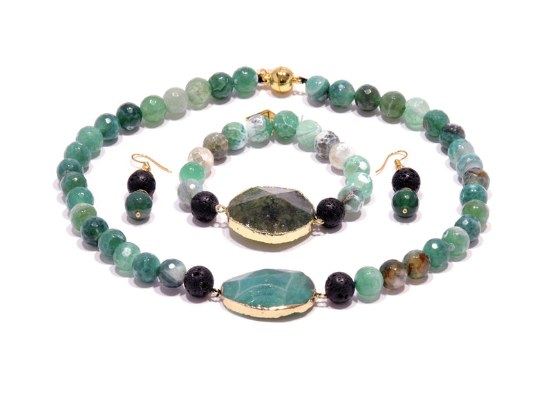 Lava set with green Agate - Magma Canario - Volcanic Jewelry Shop