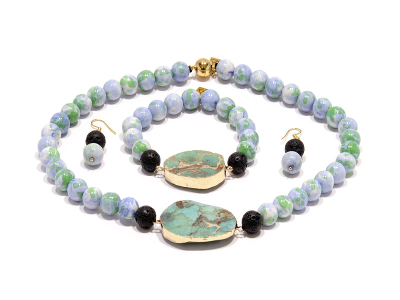 Lava set with imperial Jade and Aventurine "Apple" - Magma Canario - Volcanic Jewelry Shop
