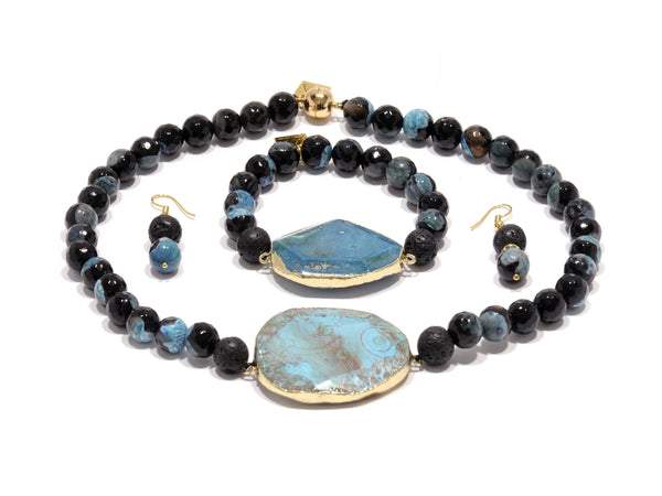 Lava set with volcanic Agate "Blue fire" - Magma Canario - Volcanic Jewelry Shop