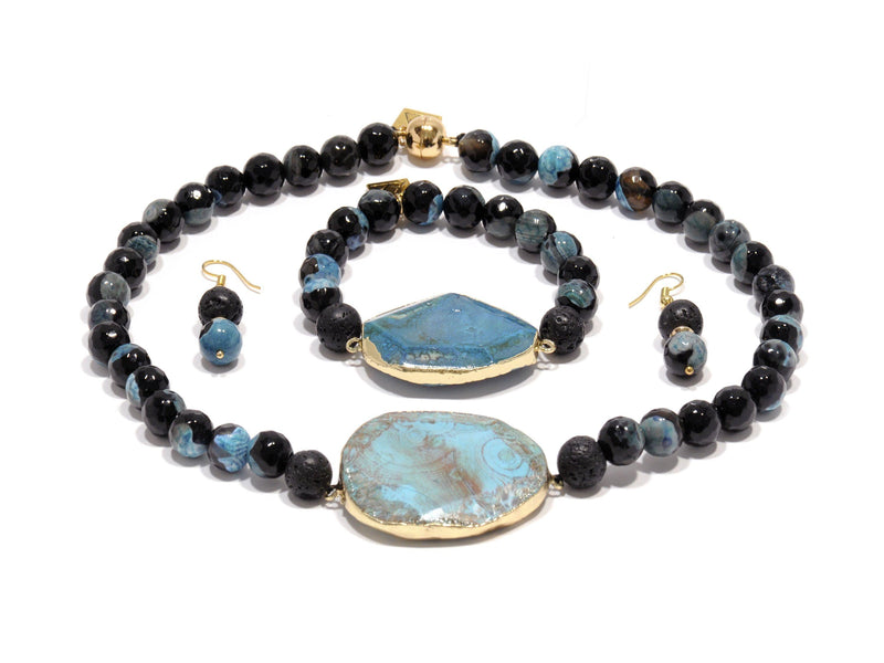 Lava set with volcanic Agate "Blue fire" - Magma Canario - Volcanic Jewelry Shop