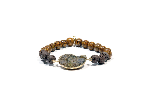 Natural Ammonite, Lava, and Jasper Bracelet "Elephant Skin" - Magma Canario - Volcanic Jewelry Shop
