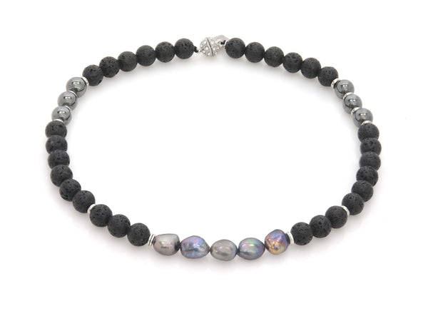 Necklace with Lava, Hematite and river pearl necklace - Magma Canario - Volcanic Jewelry Shop
